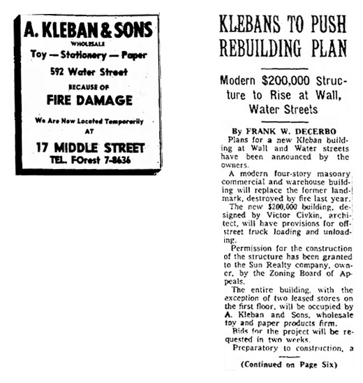 A. Kleban & Sons wholesale toy and paper distribution building at 592 Water Street, Bridgeport was lost in a major fire. This sparks the onset of new development projects