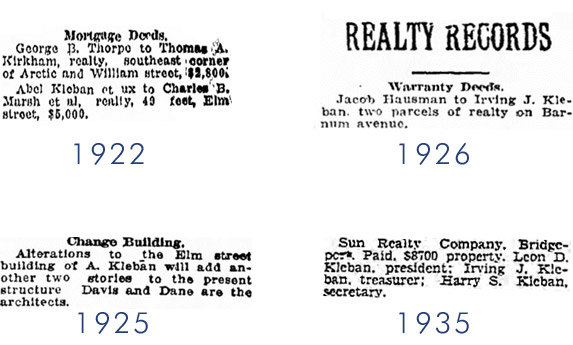 Abel Kleban builds retail buildings in Bridgeport, Connecticut . His son Irving Kleban also begins to purchase and develop property.